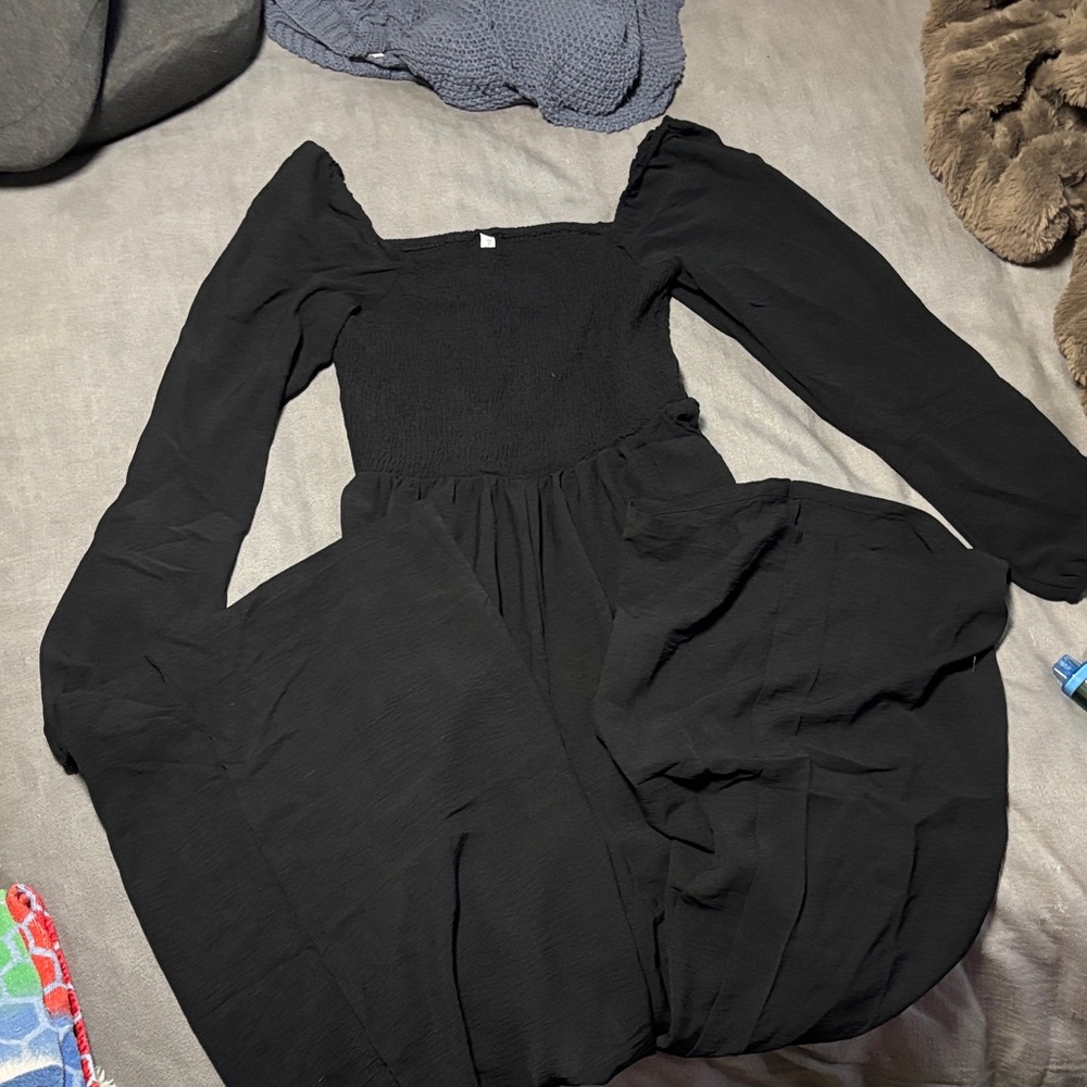 Black Square-Neck Long-Sleeve Smocked Jumpsuit